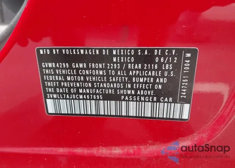 2012 Volkswagen Jetta 2.0L Tdi из США, поврежденный, VIN 3VWLL7AJ0CM467695